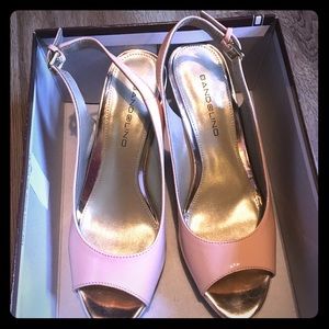 Rose gold peep-toe sling back heels